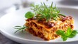 © Irina Ukrainets - Delicious lasagna served on a white plate. This dish features layers of pasta, meat, and cheese. A comforting favorite for family dinners. Perfect for food lovers. AI