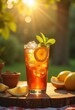 © Yaroslava - Sunny Backyard Relaxation with Refreshing Iced Tea and Zesty Lemon Slice on Hot Summer Day