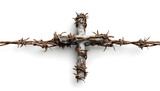 A simple, white background with a cross made of barbed wire, often used in memorials or to symbolize suffering