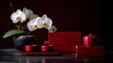Traditional tea ceremony setup with red lacquer boxes and blooming orchids