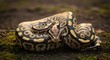 © BackgroundStudio - Coiled ball python ready to strike in a defensive posture, showcasing its beautiful scales.