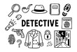 © Bogdan - Doodle icons for a detective and mystery story — magnifying glass, pipe, and trench coat — stock vector.