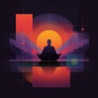 © Patrick Louvet - Silhouette of a meditating person with vibrant sunset and geometric shapes in a tranquil landscape