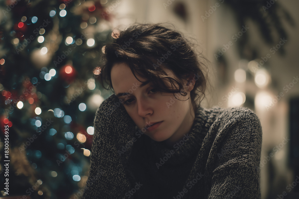 Jeune femme aux cheveux roux assise dans un salon décoré pour noël, regard triste et air mélancolique devant le sapin illuminé, solitude et dépression ressenties pendant les fêtes de fin d’année