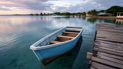 Naklejka na meble A sun-scorched dinghy tied to a rickety pier in a vibrant South Pacific harbor at dusk. 