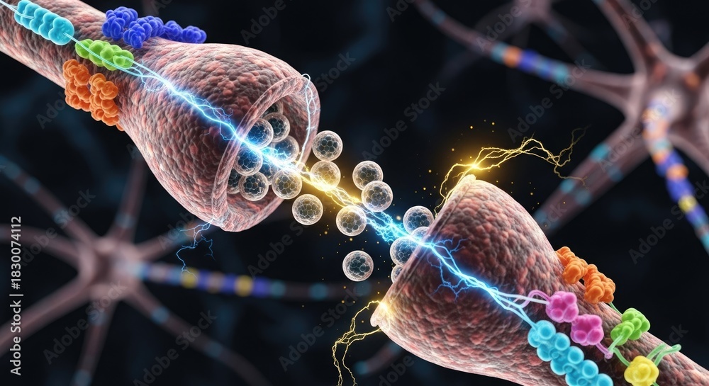 Close up view of a neural synapse transmitting signals, with ...