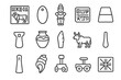 © Sanych - Indus Valley Icon Set. Indus Valley relics. Line icon set of Indus Valley relics: steatite seal, carnelian bead, terracotta figurine, weight stone, script
