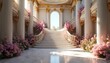 © Maryna - Grand white marble staircase adorned with pink flower garlands inside fantasy palace interior. Ornate columns with gold accents lead to arched doorway. Sunlight streams into elegant opulent ballroom