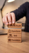 © David Zarzosa - Hand stacking wooden blocks labeled foundation, skill, experience, and future plan as career and personal development metaphor.