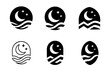 © Viacheslav - Sleep Meditation Icons. sleep meditation. Icon set. Set Logo of sleep meditation: breath wave under night sky. harmonious logo variations of the same