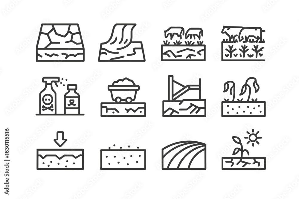 Soil Degradation Icons. Soil degradation. Line icon set of soil ...