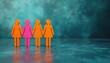 © Maryna - Four women icons stand united, one pink, three orange figures, on dark textured background. Represent female solidarity, sisterhood, community support for empowerment. Women rights, equality,