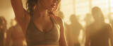 A woman performs aerobic dance in heated fitness studio as strong sunlight creates rim light and a soft silhouette warm tones energetic movement lively upbeat routine.