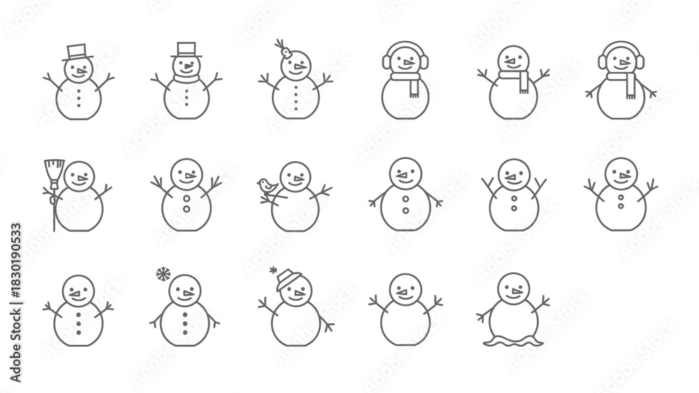 Collection of Minimalist Snowman Icons for Winter Designs and Festive Decorations