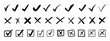 © J Creatives - hand drawn check tick mark icon set. tick, cross signs for checkbox, checklist, v and x in sketch doodle brush marker checklist symbol wrong right circle. vector illustration