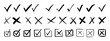 © J Creatives - hand drawn check tick mark icon set. tick, cross signs for checkbox, checklist, v and x in sketch doodle brush marker checklist symbol wrong right circle. vector illustration
