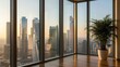 © Pindo - Interior view of a modern office space with large windows overlooking a cityscape at sunset. Plant in a pot sits near the window.