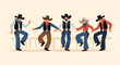 © MR - Five cheerful cowboys in traditional Western attire, featuring hats, vests, and boots, are line dancing or square dancing.