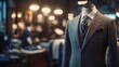 © Chaikit - High-end fashion atelier with Italian wool three-piece suit on display form, dramatic spotlight illuminating perfect stitching details, blurred tailors working in background, premium fabric rolls