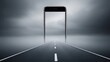 © Pindo - A road leads into a smartphone screen, blending into a misty horizon, creating a surreal and conceptual composition.