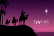 © RMAKE - Three wise men silhouette in desert following glowing star. Happy epiphany day vector illustration.
