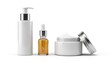 © Gilang - Skincare products arranged on white surface, showing containers with lotion, serum, and cream.