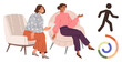 © robu_s - Women engaging in conversation in a relaxed setting, accompanied by a walking figure and circular chart. Ideal for teamwork, collaboration, communication, progress, creativity, brainstorming, growth