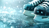 Hockey ice skates standing on a wet ice rink creating dynamic splashes of water and sparkling bokeh lights representing action winter sports and active lifestyle