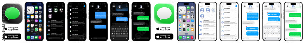 Messages iPhone app UI screens 2026 update in dark and light mode with ...