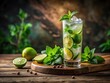 © ทองขาร พอใจ - Refreshing mojito drink with mint leaves and lime wedges on a wooden planks
