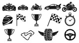 Exciting motorsport icons set for racing enthusiasts featuring formula cars, motorcycles, helmets, trophies, flags, tires, steering wheels and race tracks