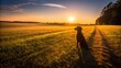 © Wasana - Pet friendly summer destinations concept. A dog sits in a grassy field at sunset, casting a long shadow with a bright sun in the background.