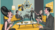 © BK_Gallery - Groovy New Year's Eve party illustration with stylish retro guests in vintage attire enjoying cocktails and music in a hip mid century modern home