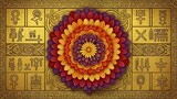 Sacred Geometry Mandala with Ancient Esoteric Symbols on a Golden Textured Background Illustration
