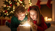 © NeuroCake - Happy children opening a magical glowing Christmas gift. A boy and girl looking with wonder at a surprise present in a box. Holiday season and childhood joy