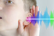 © kittyfly - Close-up mature caucasian small childs ear, sound wave, Hearing Test, ringing or buzzing sensation, Auditory impairment, organ receiving information and sound, use hearing aids, acoustic trauma