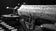 © Santi - Typewriter with musical notes on paper close up black and white vintage style creative concept poetic rhythm artistic inspiration nostalgic mood selective focus dramatic lighting