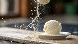 Vanilla Ice cream scoop or ball with splash levitating and flying white background