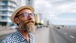 © Pinklife - A bearded man in glasses and hat gazes thoughtfully at the horizon, embodying a sense of peace and connection with nature in a serene coastal environment.