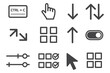 © HAPPY - User interface elements including toggles, sliders, dropdown arrows, click icons, and layout tools, outlined vector collection suitable for mobile apps, websites, dashboards