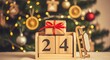 © AI Images Studio - Wooden perpetual calendar showing december 24th with a small wrapped gift and sled in front of a christmas tree