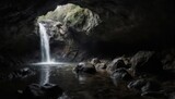 A hidden waterfall cascades into a pool within a dark, natural cave, framed by rock formations