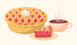 © bigmouse108 - Cartoon Color Cup of Tea and Apple Pie Set Sweet Baked Pastry Concept Flat Design Style. Vector illustration