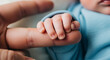 © Olga Ко - Primer plano de la pequeña mano de un bebé recién nacido sosteniendo el dedo de su padre o madre, concepto de natalidad y familia.