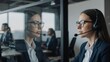© Pixel Matrix - Telemarketing consultant discussing customer service offers with a contact in call center environment wearing glasses and using headset