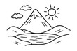 © Andrei - Minimalist black and white mountain landscape featuring a lake, sun, and clouds
