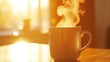 © Risa - Warm sunrise, steaming mug on a wooden table