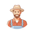 © FryArt - Cartoon portrait of a friendly bearded farmer in a hat and overalls