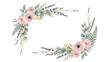 © Bushcraft - Elegant watercolor floral corner frame with pink roses, purple lavender, and green foliage on a white background.