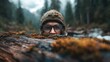 © Pinklife - A young explorer with glasses is partially hidden behind a moss-covered log in a dense forest, symbolizing adventure, curiosity, and the beauty of nature's untamed wilderness.